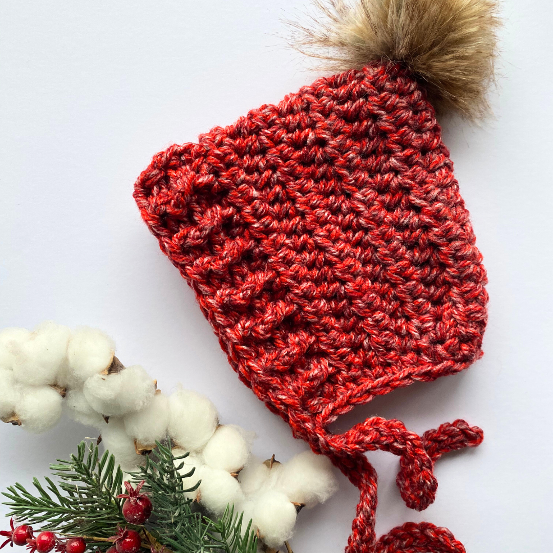 Premade red pixie bonnet with pompom 1-3years