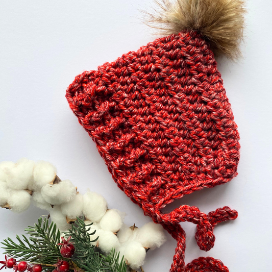 Premade red pixie bonnet with pompom 1-3years