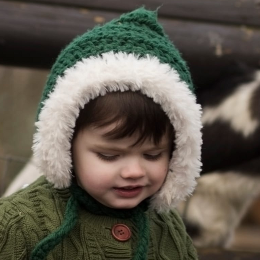 Christmas Fur trimmed pixie bonnet with ties