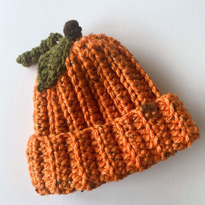 Pumpkin beanie hat with leaf and stalk