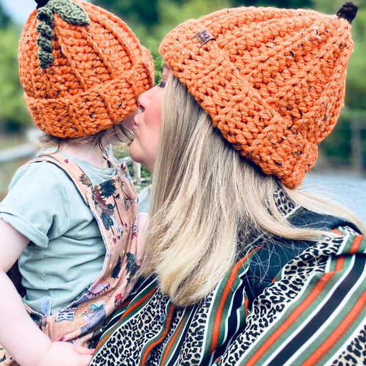 Pumpkin beanie hat with leaf and stalk