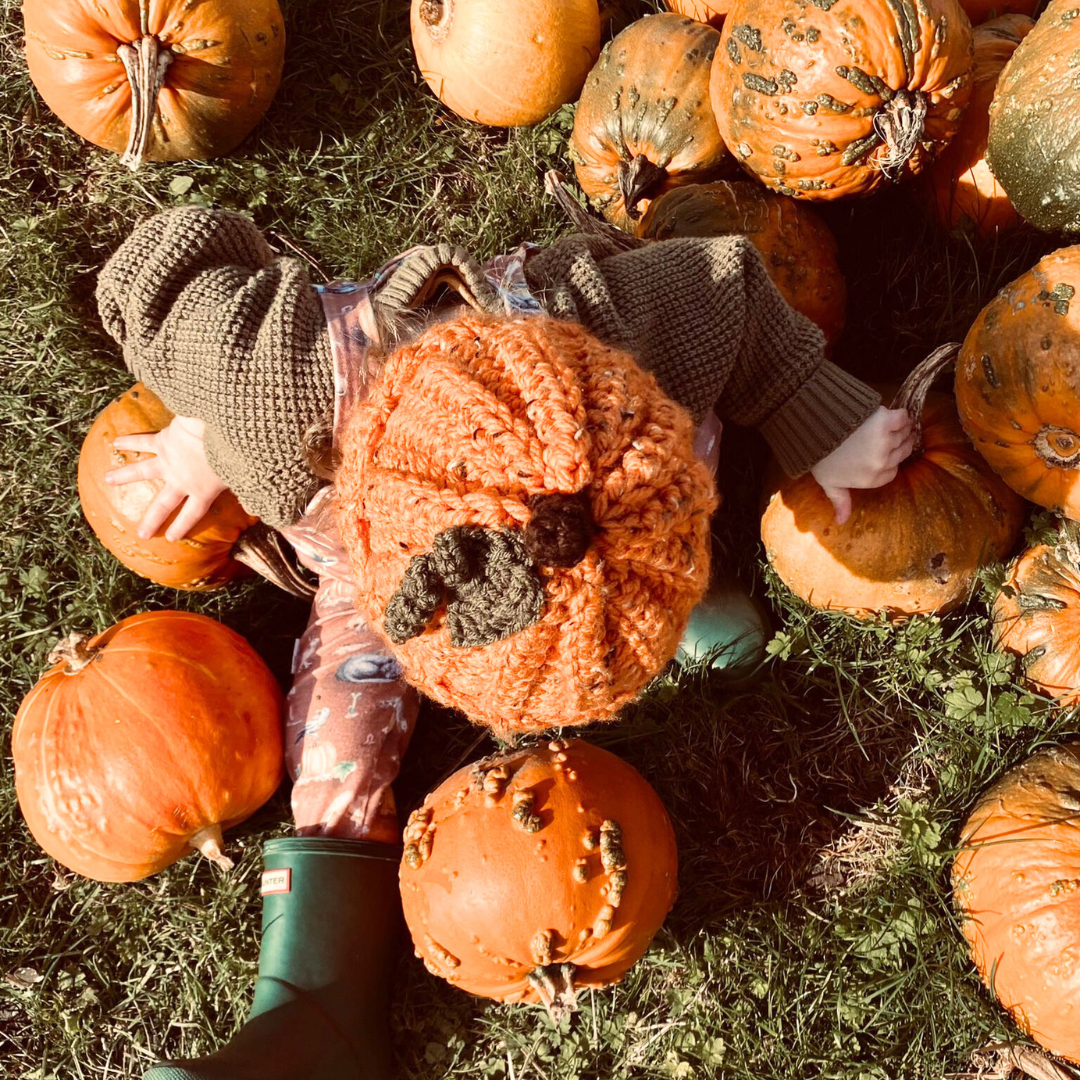 Pumpkin beanie hat with leaf and stalk