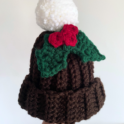 Christmas pudding Beanie with pompom and holly