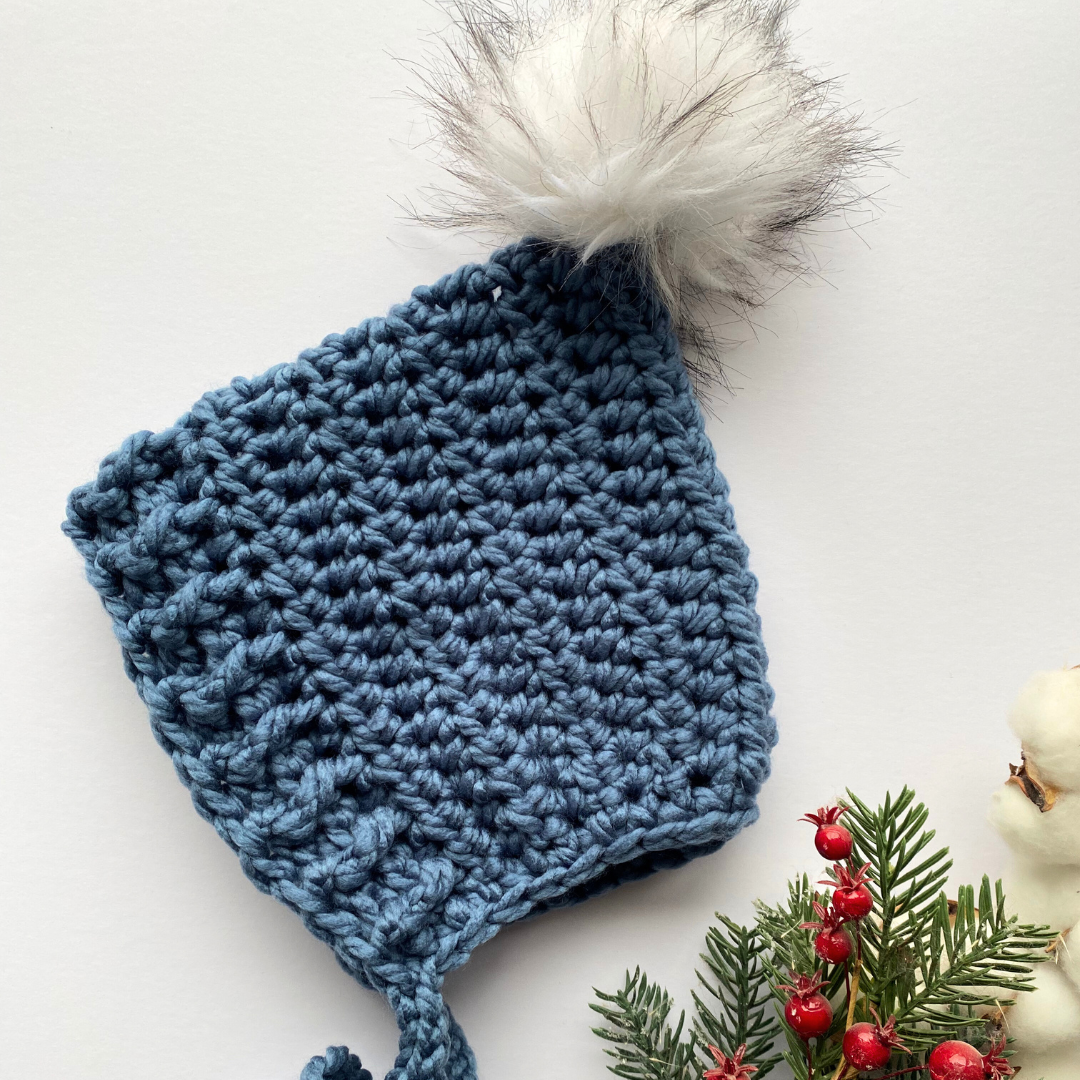 Premade Blue pixie bonnet with pompom 3-5years