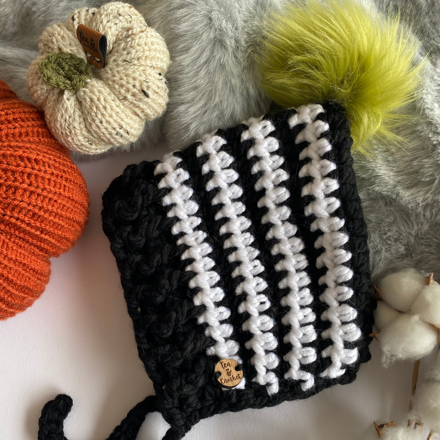 Halloween Super Chunky beetlejuice pixie bonnet with green pom