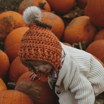 Pumpkin Pixie bonnet with pompom, twizzle and leaf