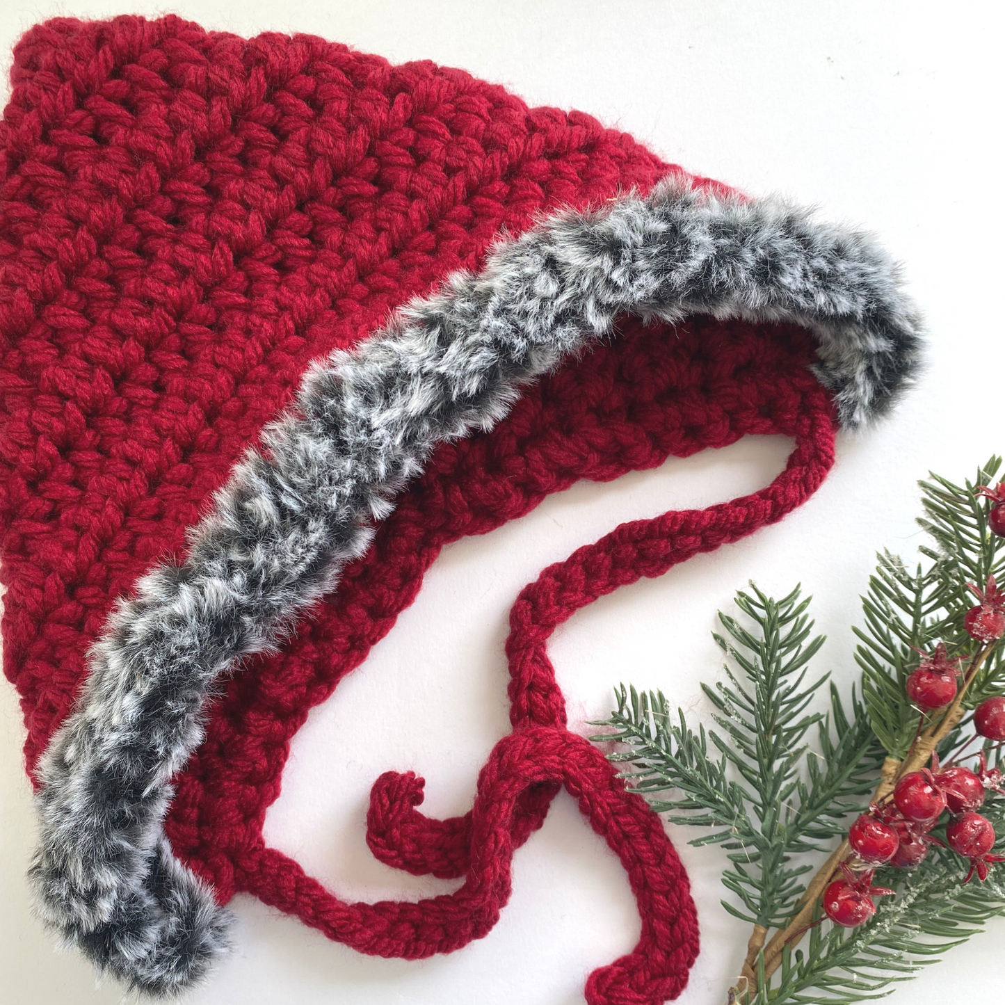 Christmas Fur trimmed pixie bonnet with ties