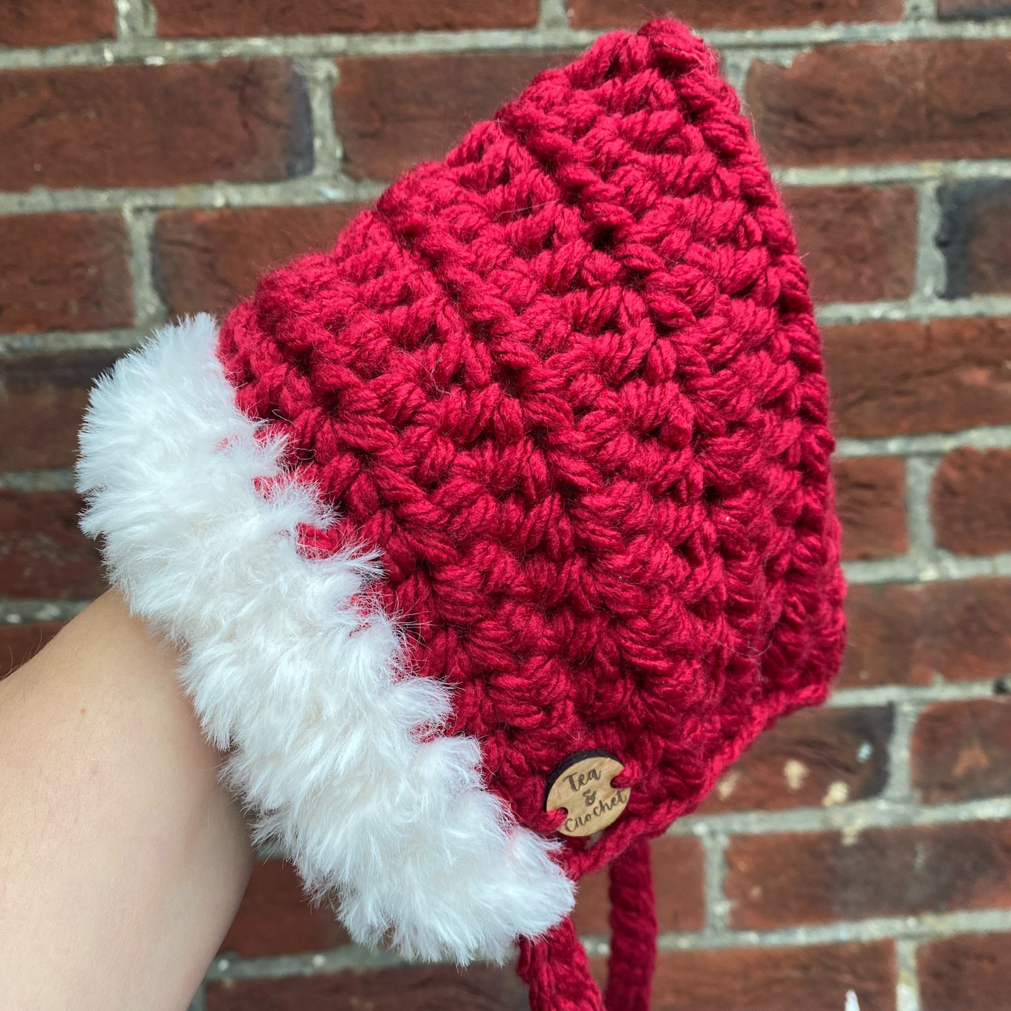 Christmas Fur trimmed pixie bonnet with ties