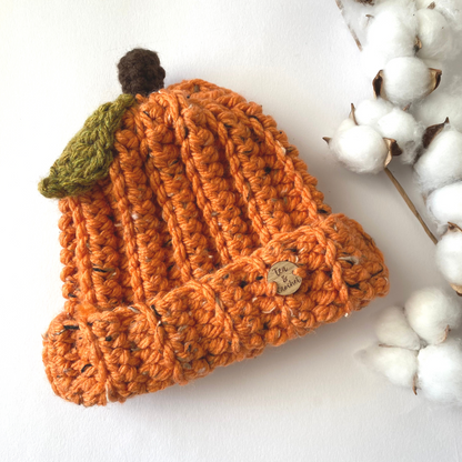 Adult Pumpkin beanie hat with leaf and stalk